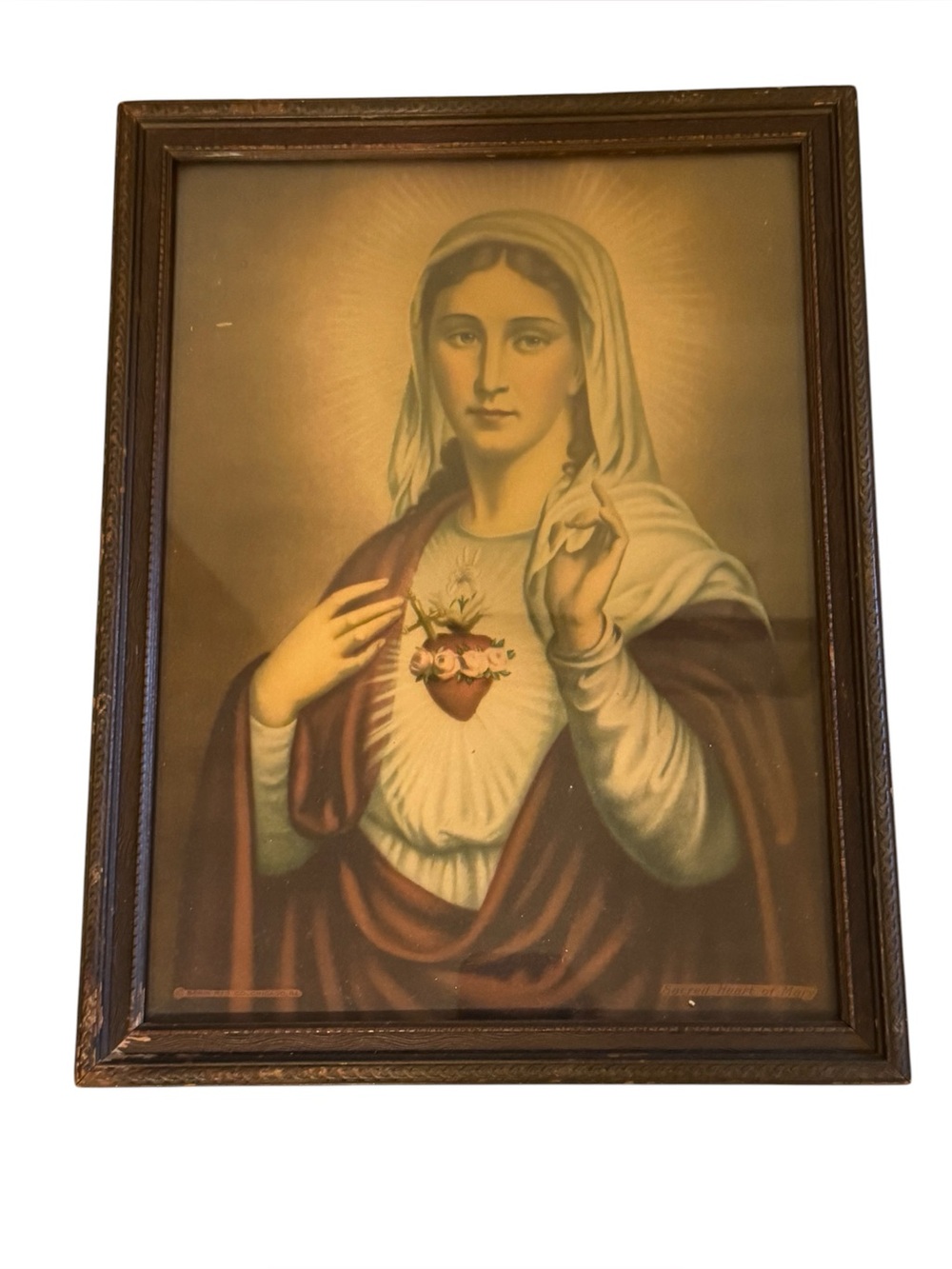 Vintage Borin Mfg Co Sacred Heart of Mary Catholic Print 13 x 10 Framed